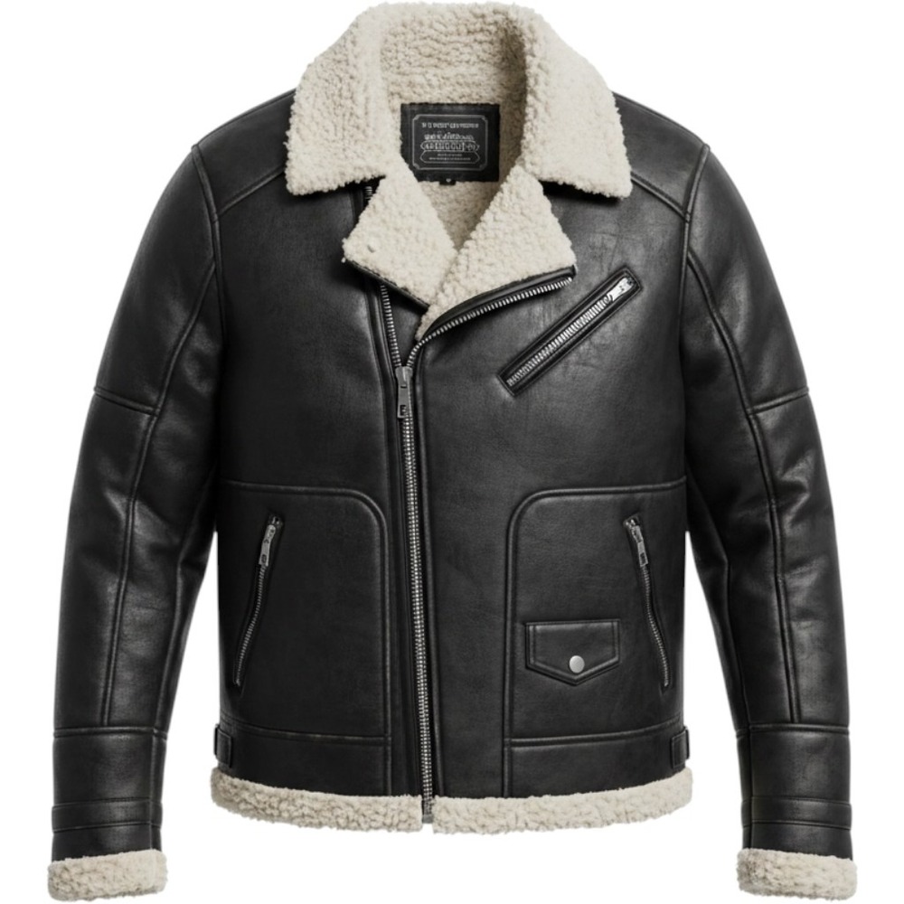 21Men Los Angeles Black Faux Leather sherpa Shearling Aviator Biker Jacket M